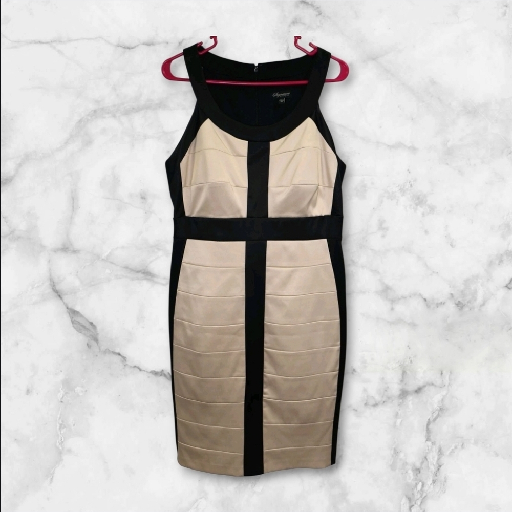 Signature by Sangria Midi Sexy Bandage Bodycon Dress Beige/Black Size 14